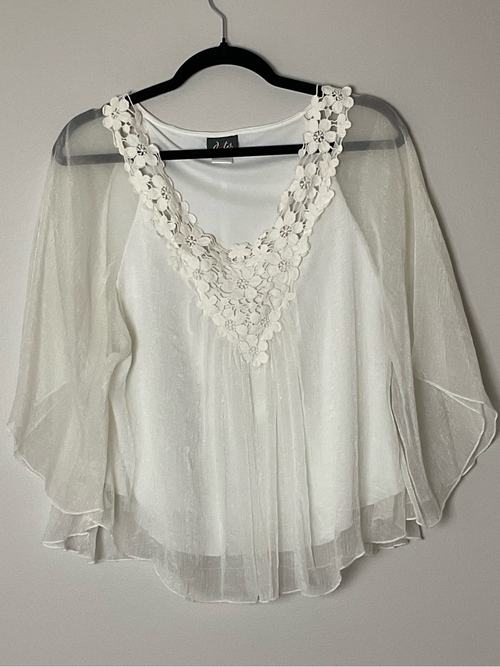 Cream Sheer Chiffon Top Floral Lace Flowy Fairycore Butterfly Boho Sleeves M